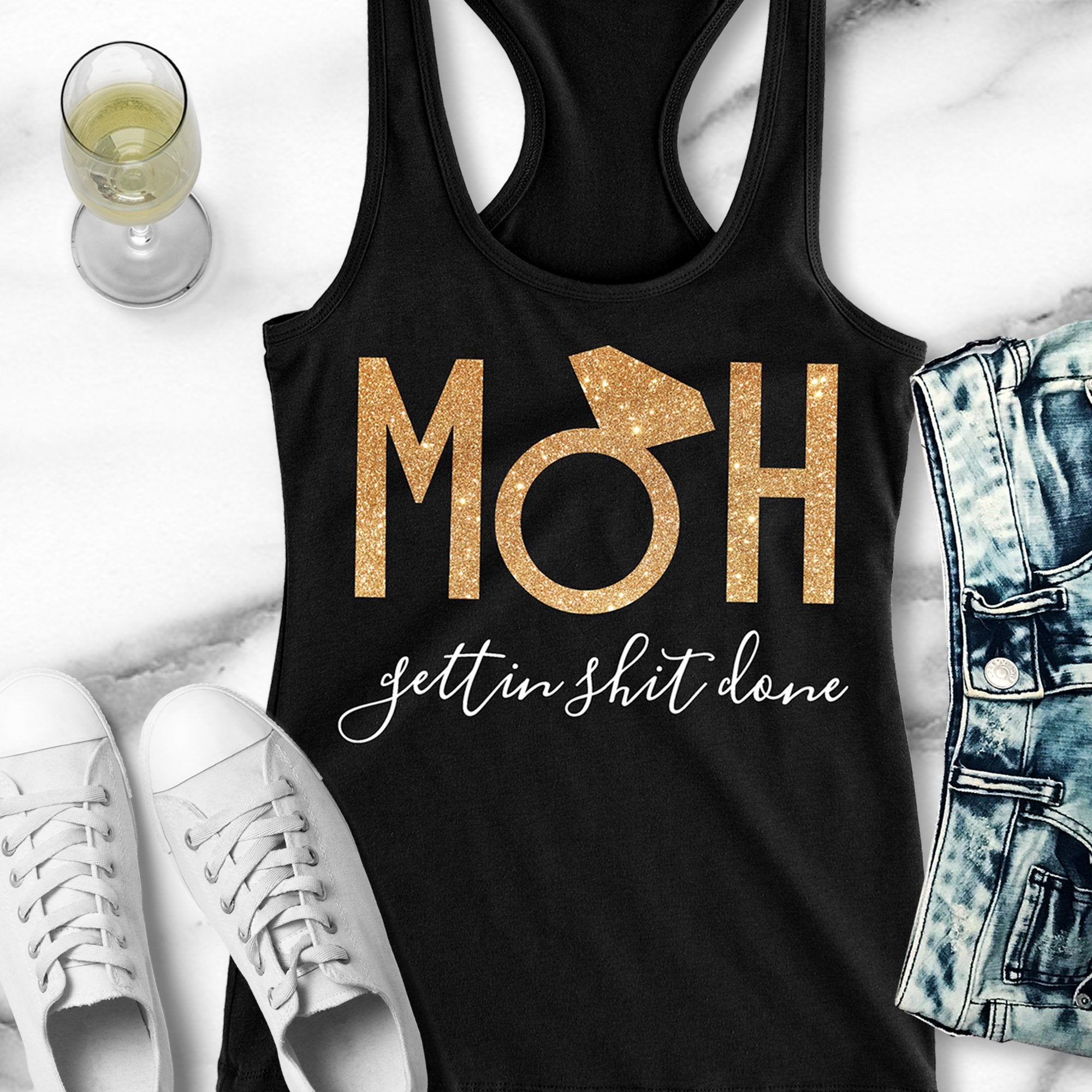 MOH Maid of Honor Gettin $hit Done Gold Tank Top