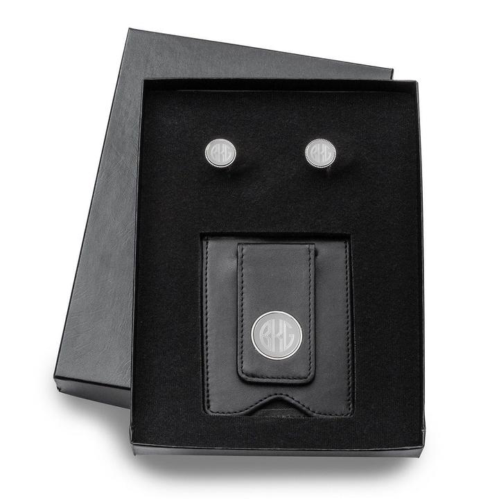 Black Leather Wallet & Monogrammed Cufflinks Gift Set