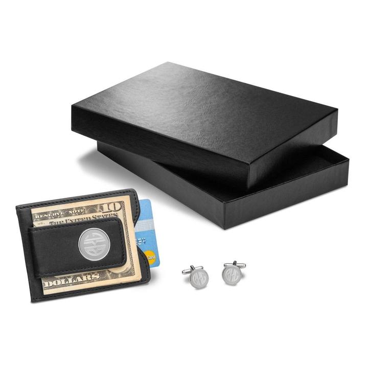 Black Leather Wallet & Monogrammed Cufflinks Gift Set