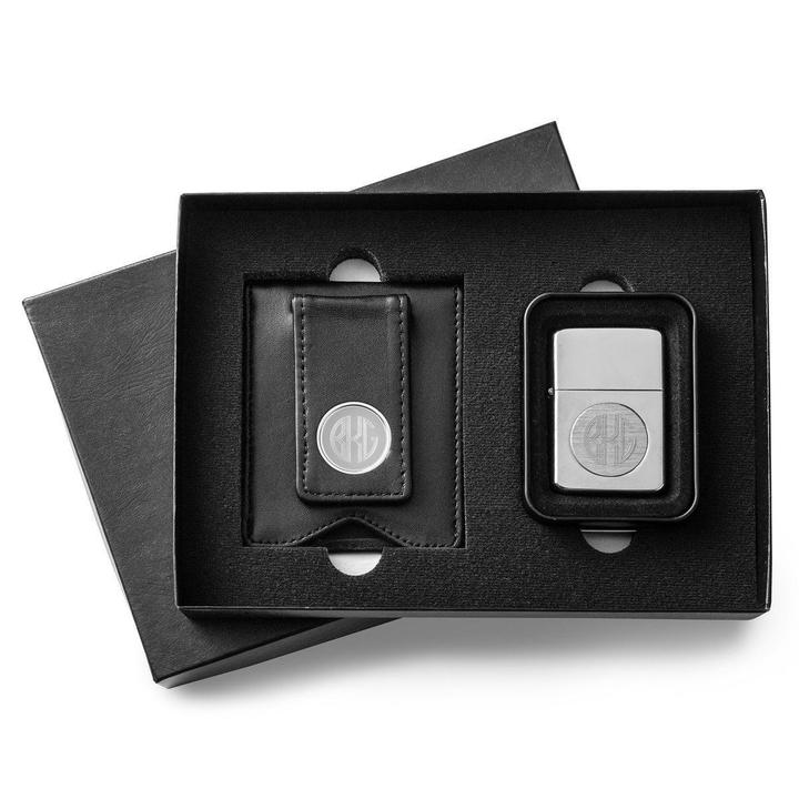 Black Leather Wallet & Chrome Lighter Set